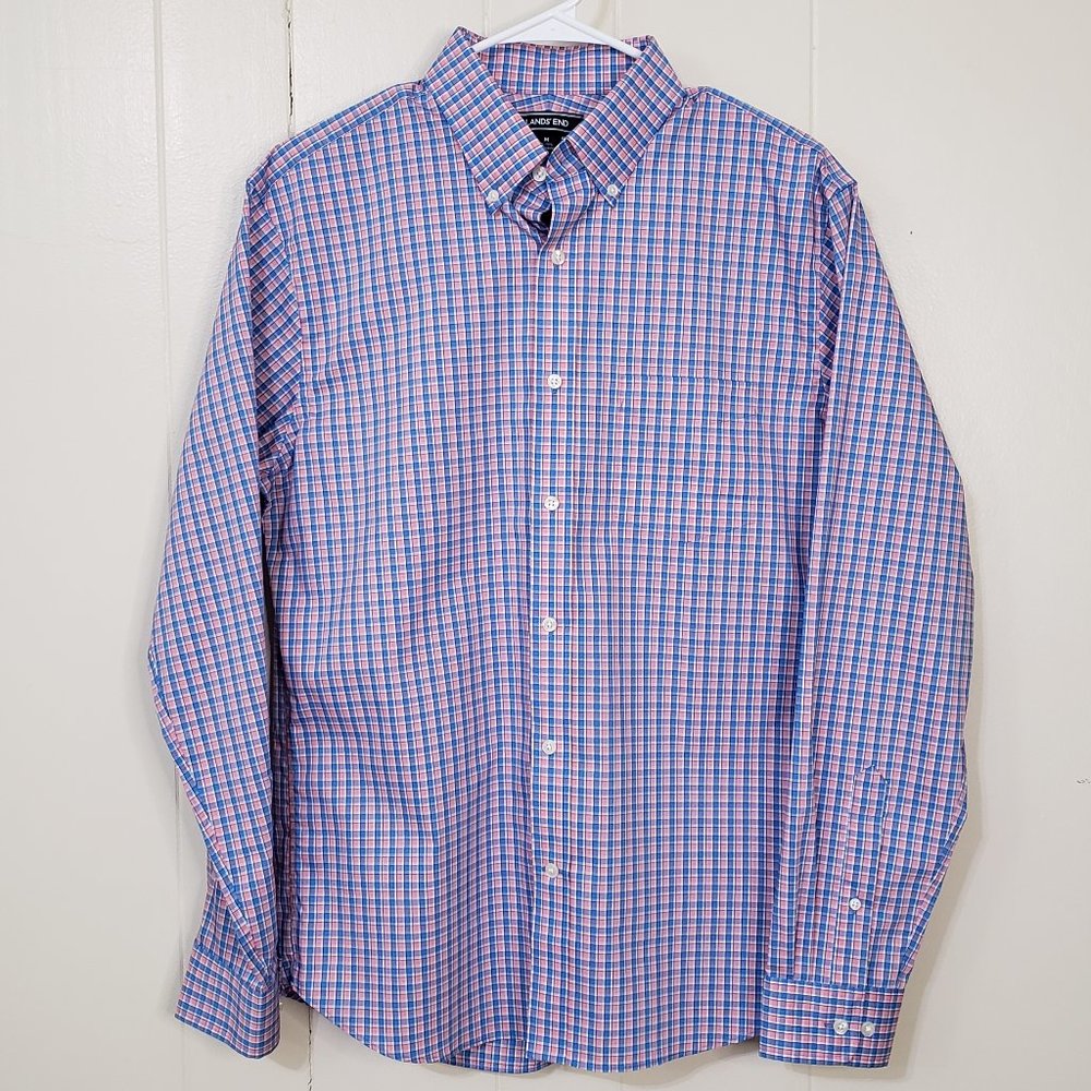 Lands' End Tailored Fit 15-15.5 Blue Pink White Plaid Shirt Size M